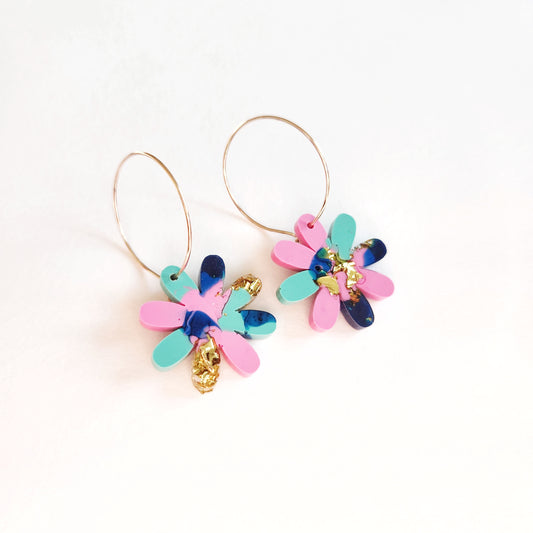 pink and blue flower resin hoop earrings by tara louise