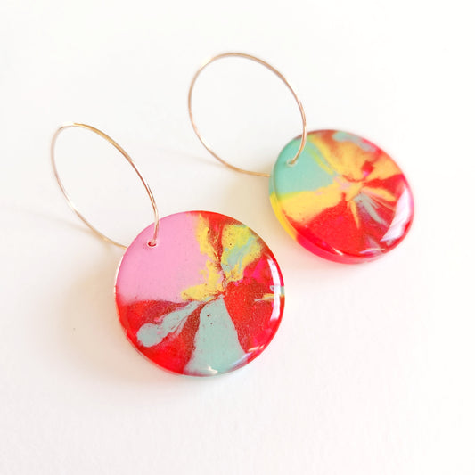 red yellow and pink resin hoop earrings by tara louise