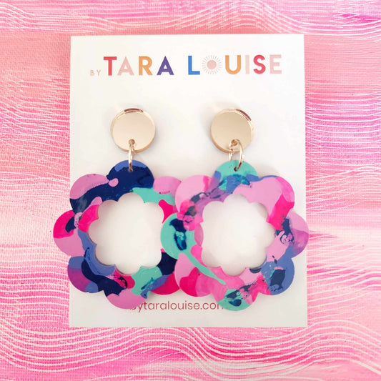 Large statement earrings resin with gold foil By Tara Louise neon pink aqua and blue