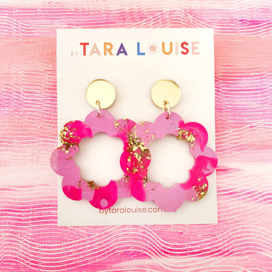 Neon pink and soft pink with gold foil statement flower earrings By Tara Louise
