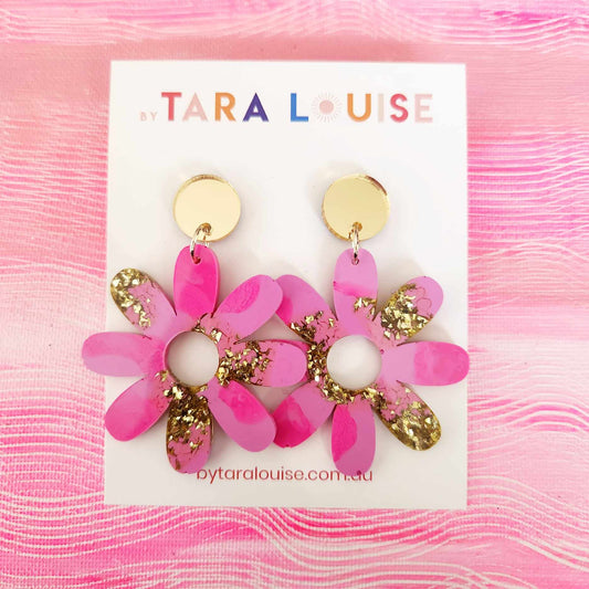 Large statement earrings resin with gold foil By Tara Louise neon pink with gold mirror tops