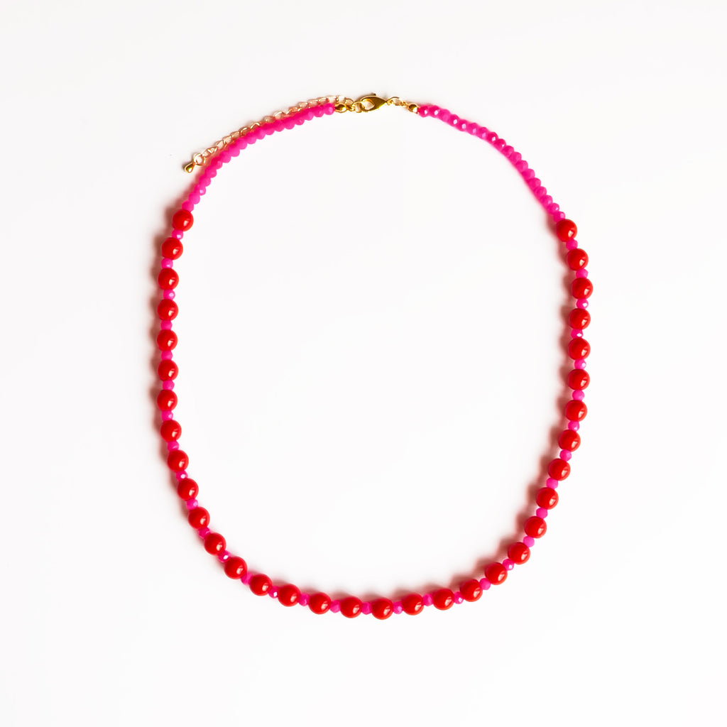 Red and Hot Pink Beaded Necklace