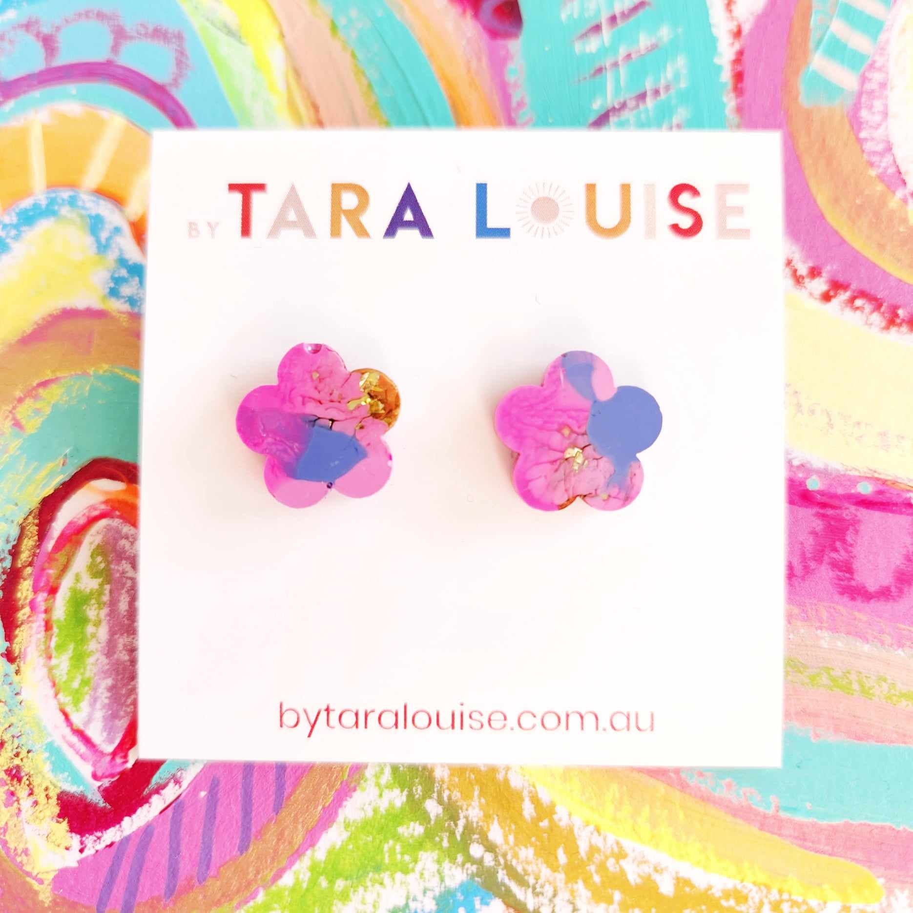 By Tara Louise pink and gold glitter flower studs 15mm made in Australia