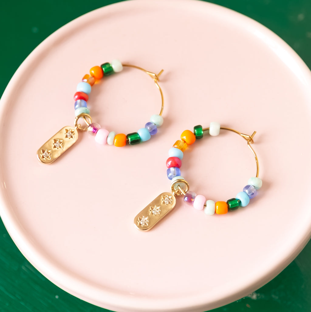 Multi colour bead hoop earrings