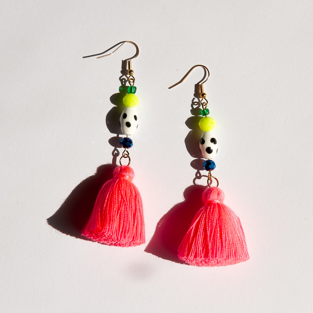 Bead Drop Earrings with Pink Tassle