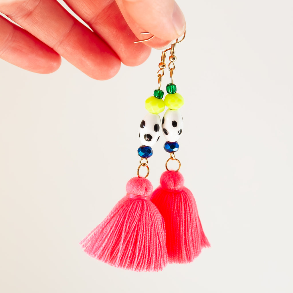 Bead Drop Earrings with Pink Tassle